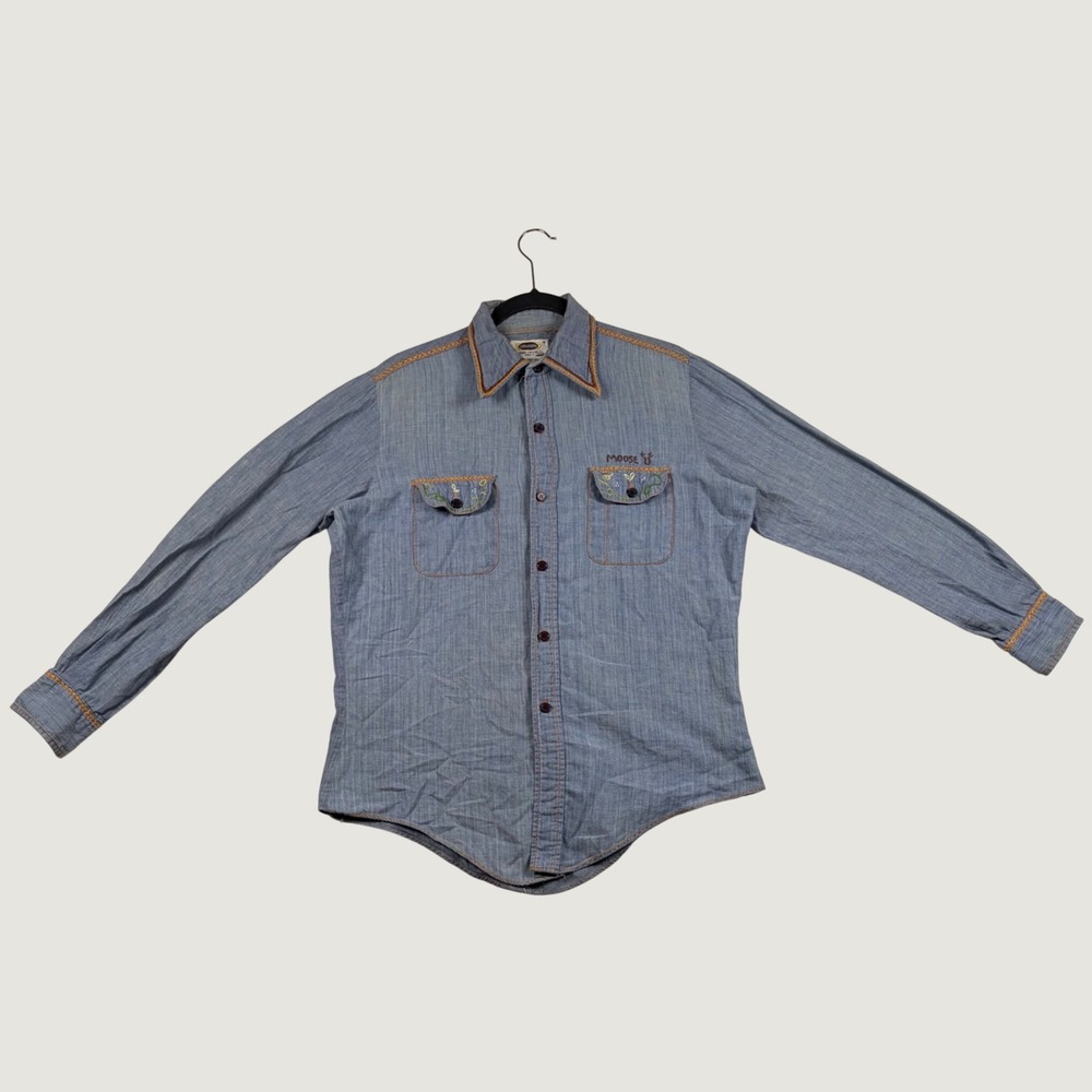 Saddlehorn Button Down Men Vintage Handstitched Western Shirt M Blue Cowboy Boho
